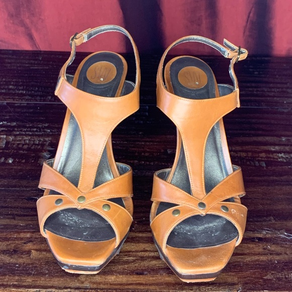 Stuart Weitzman Brown Tan Leather Wood High Heel Platform Strappy Sexy - Picture 2 of 8